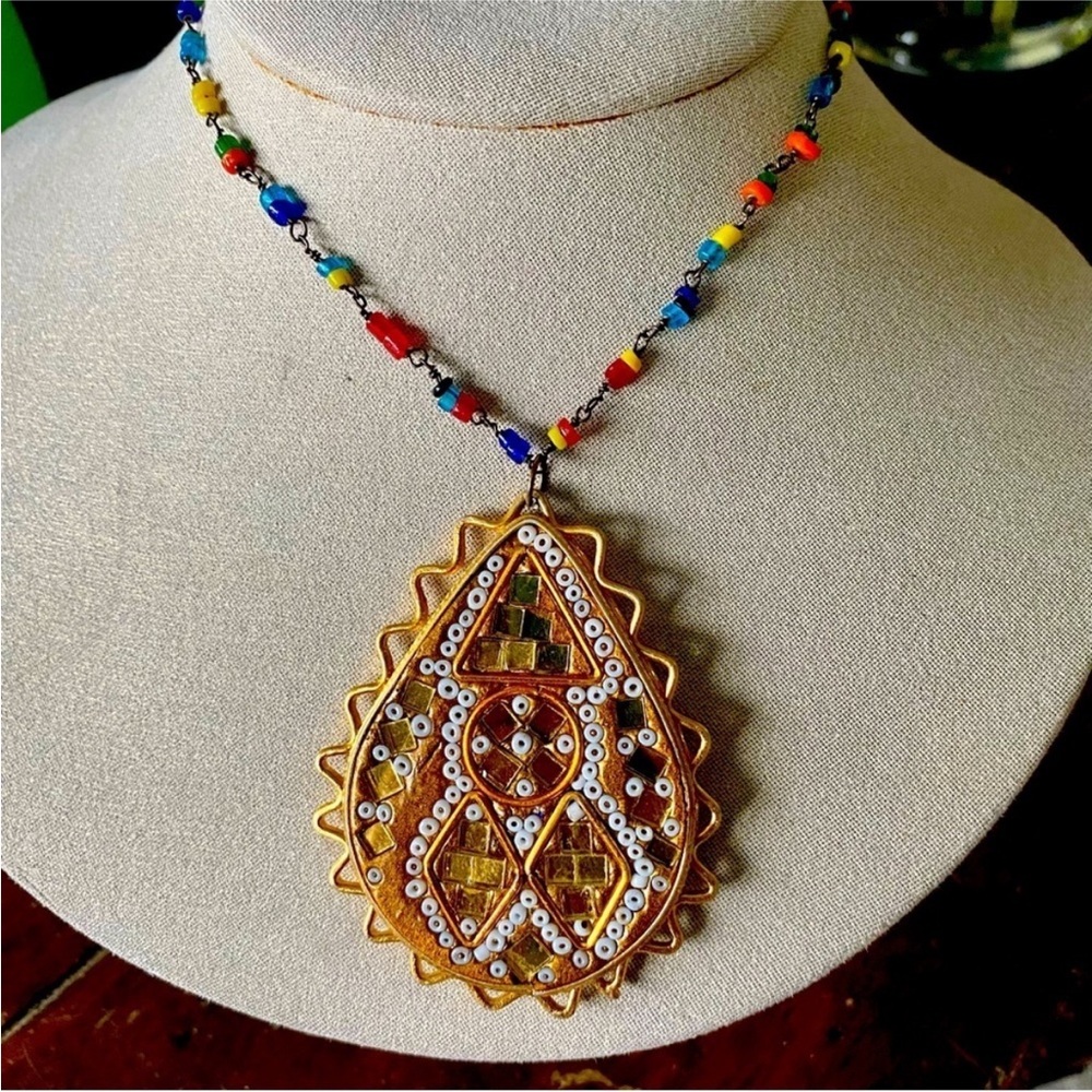 Mosaic Micro Beaded Necklace with Gold Pendant and Gemstones